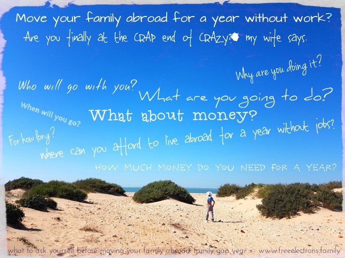 Plan it! Questions such as these and more (later) helped plan a successful move abroad with our family. Photo of the bay of Cadiz with shirtless Karol exploring the wild beach. #freeelectrons.family.