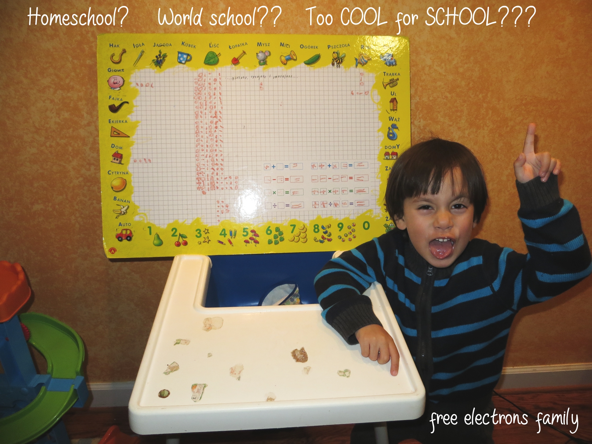 A father's (failed) attempt to homeschool; a dry run for the free electrons family life abroad.

The picture shows a child with a funny face who seems to be rebelling against this lesson.