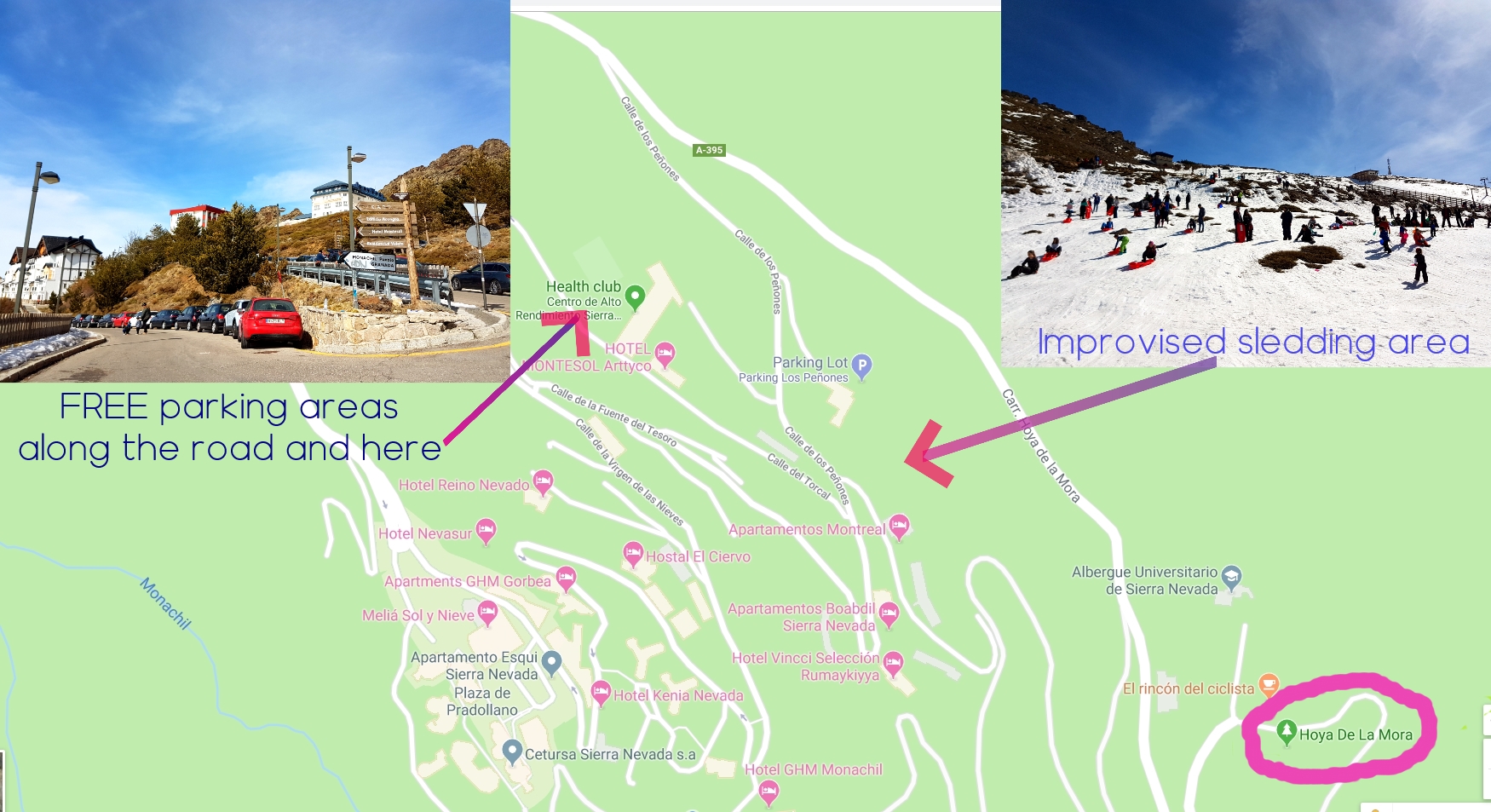 A Google map that has two photo inserts showing where to find free parking and improvised sledding area if you can not make it to Hoya de la Mora.  This map also shows the main resort village of "Pradollano".

www.freeelectrons.family