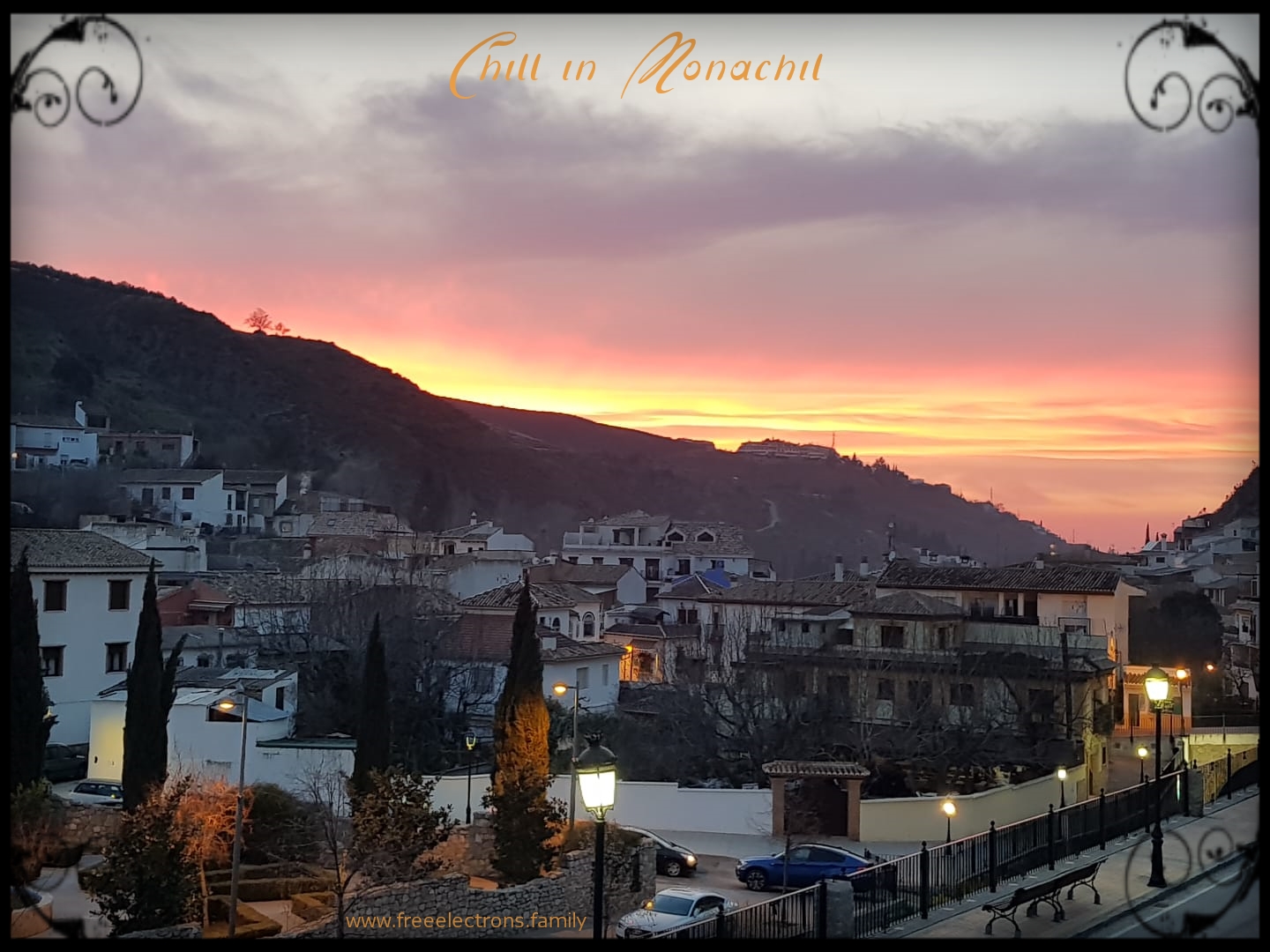 Chill in Monachil between Granada city and Hoya de la Mora/Pradollano snow resort in northwestern Sierra Nevada.

A framed photo shows sunset over the sleepy village of Monachil, with streetlights on empty streets.

www.freeelectrons.family