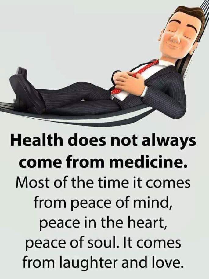 Drawing of a man in suit-and-tie with eyes closed, laying on a hammock. Text reads: Health does not always come from medicine...