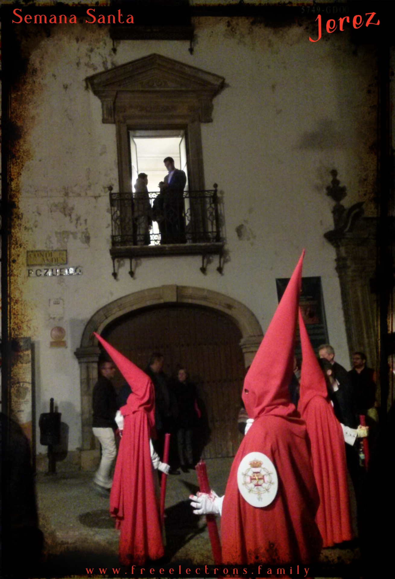 A procession during Holy Week (Semana Santa) along Calle Pozuelo, Jerez de la Frontera, Spain. Penitents await the chanting of Saeta--a unique form of religious song about “the suffering, death, and majesty of Jesus Christ, and of the grief of the Virgin Mary”-D.E. Pohren. This is one of the primitive songs that made its way into Flamenco.