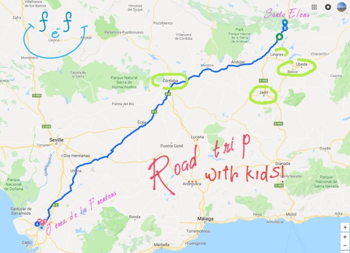 #FreeElectrons.Family Google map of a leg of a camping road trip in Europe, from Jerez de la Frontera to Santa Elena in Jaen, with overlaid text and drawings.  Text reads 