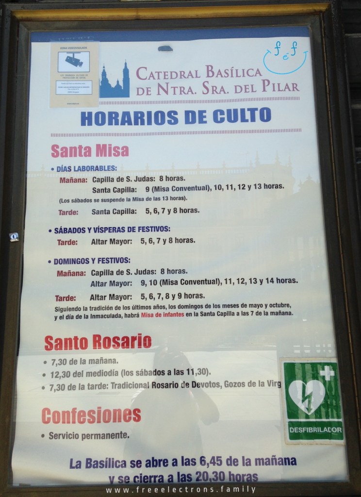For information: Cathedral Basilica of Our Lady of the Pillar schedule of mass and religious services. Catedral Basilica de Nuestra Senora del Pilar horarios de culto. Third stop on our #FreeElectrons.Family summer camping road trip Europe, Day 5 in Zaragoza.