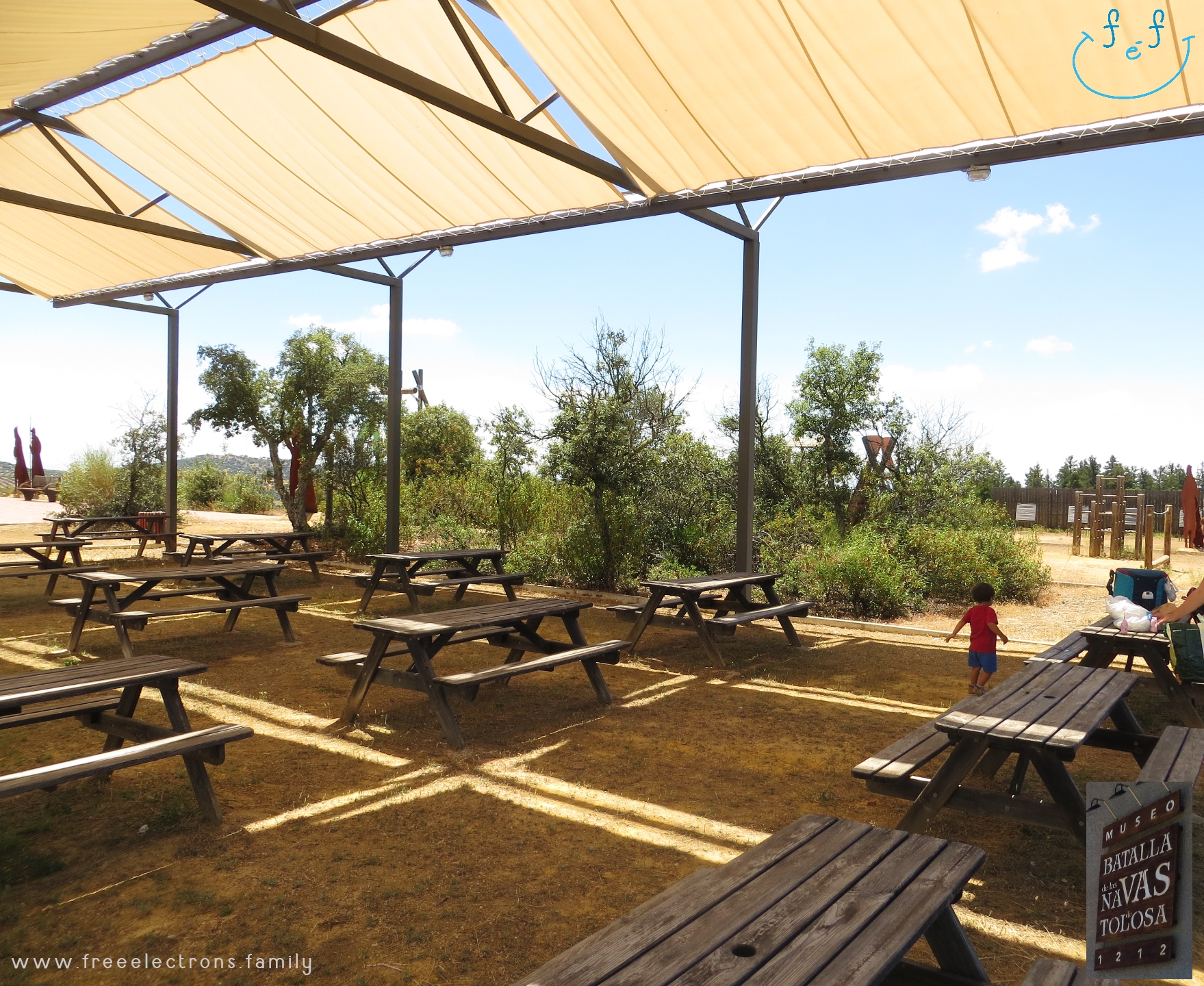 A #FreeElectrons.Family camping road trip Europe I stop in Santa Elena, Jaen, Spain (Espana).    The shaded picnic area next to the playground at the museum of the Battle of the Las Navas, provides much needed escape from the Andalusian sun.  Rest while your kids play!