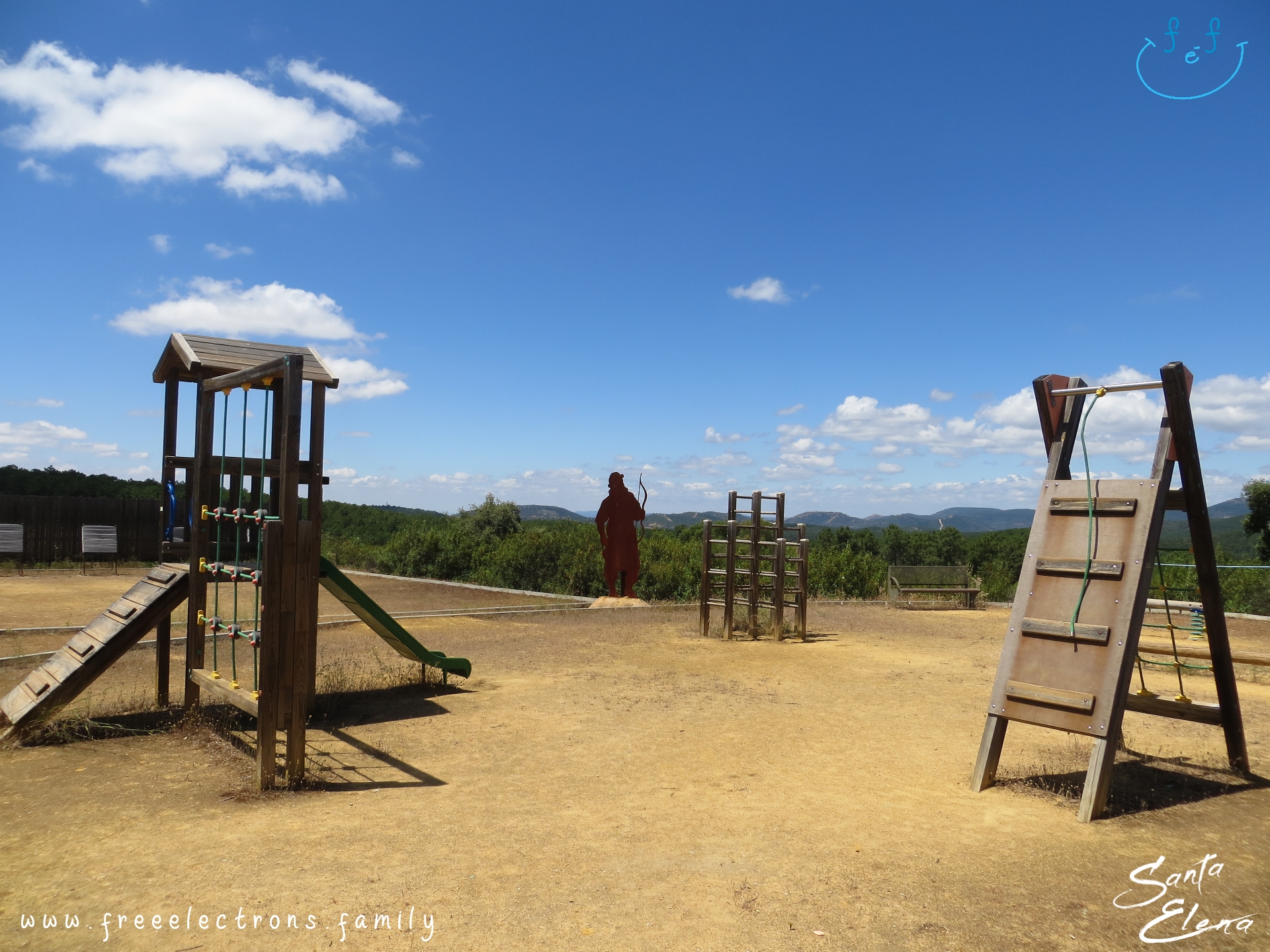 A #FreeElectrons.Family camping road trip Europe I stop in Santa Elena, Jaen, Spain (Espana).    The excellent playground at the museum of the Battle of the Las Navas, with archery and zipline and other wooden structures, lets children have outdoor free play after a visit.