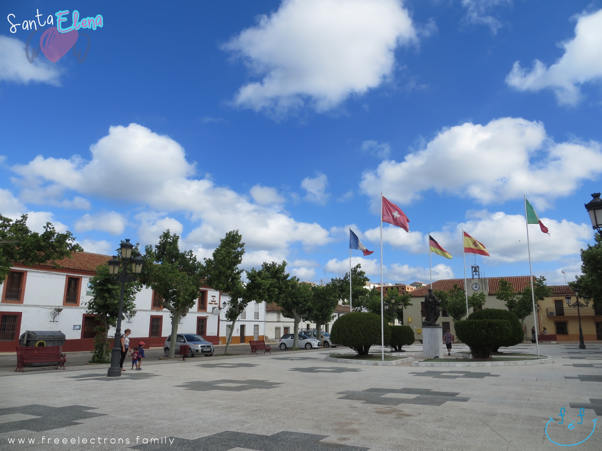 A #FreeElectrons.Family camping road trip Europe I stop in Santa Elena, Jaen, Spain.  Take a peaceful stroll in the main square with the Church of the Empress Santa Elena and a statue of King Carlos III. 