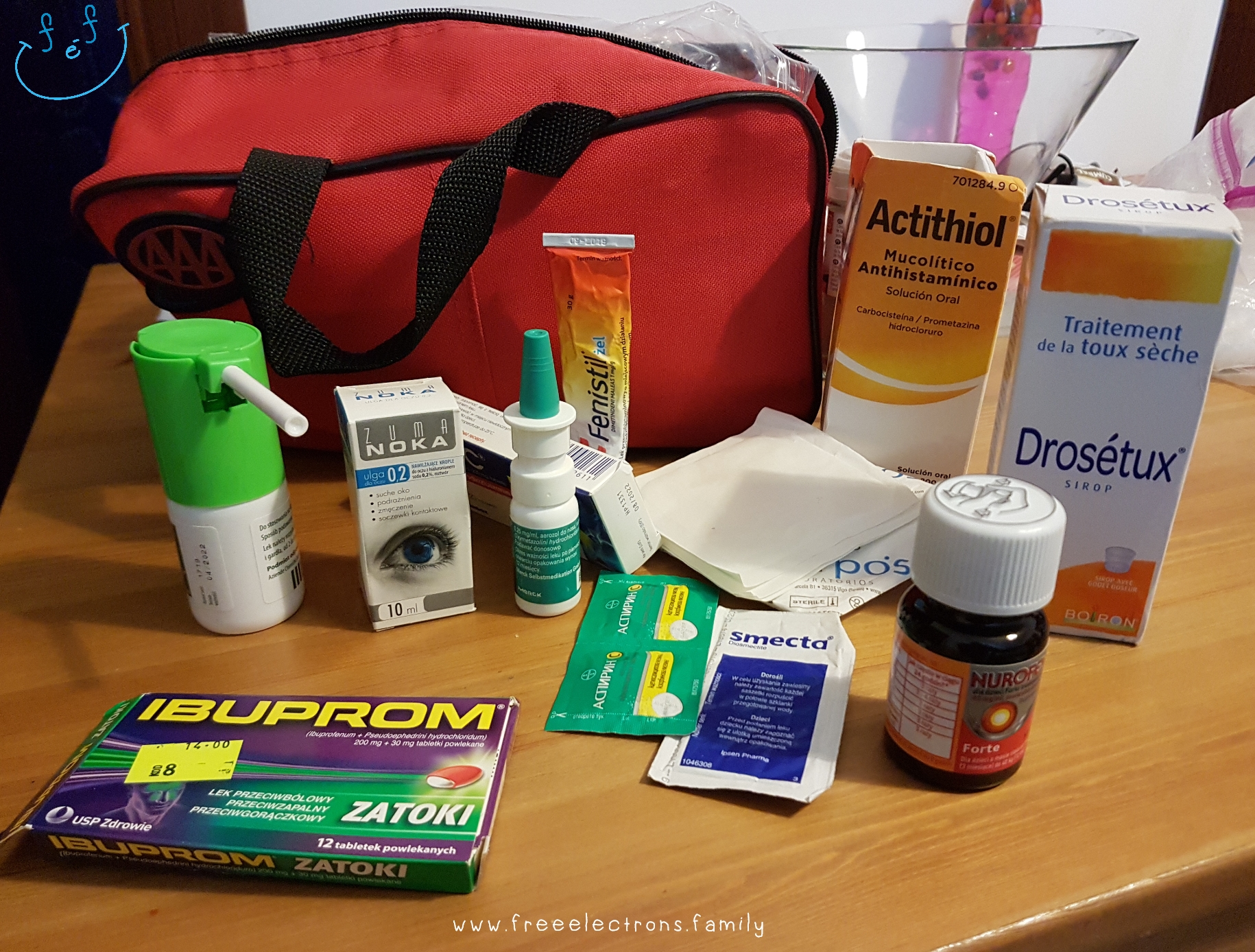 Various medicine to bring for family camping.

Text reads: www.freeelectrons.family.

#FreeElectrons.Family - camping Europe, what to bring
