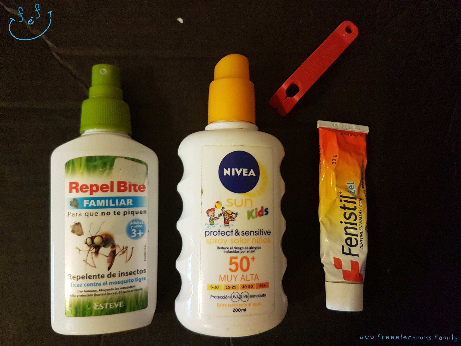 Insect repellant.  50+ sunscreen.  Anti-itch (Fenistil).  Tick remover.

Text reads: www.freeelectrons.family.

#FreeElectrons.Family - camping Europe, what to bring