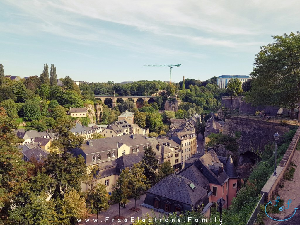 View of houses among trees along the Alzette river from the Corniche road of "Europe's most beautiful balcony", under blue-grayish sky with an inserted smiley face (custom icon) at the bottom corner. 

Text on picture reads: www.FreeElectrons.Family