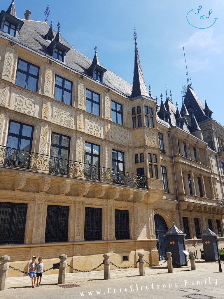 Two young boys sitting on a chain link in front of the well-maintained Grand Duke Palace in Luxembourg, under blue sky with an inserted smiley face (custom icon) at the top corner.

Text on picture reads: www.FreeElectrons.Family