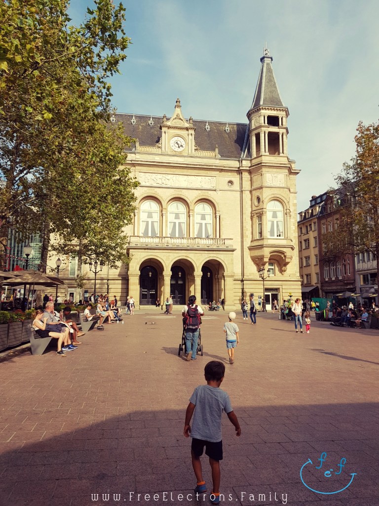 Two young boys and a stroller/pram-pushing father, walking on a city square with people, heading towards the City Palace of Luxembourg, under blue sky with an inserted smiley face (custom icon) at the bottom corner.

Text on picture reads: www.FreeElectrons.Family