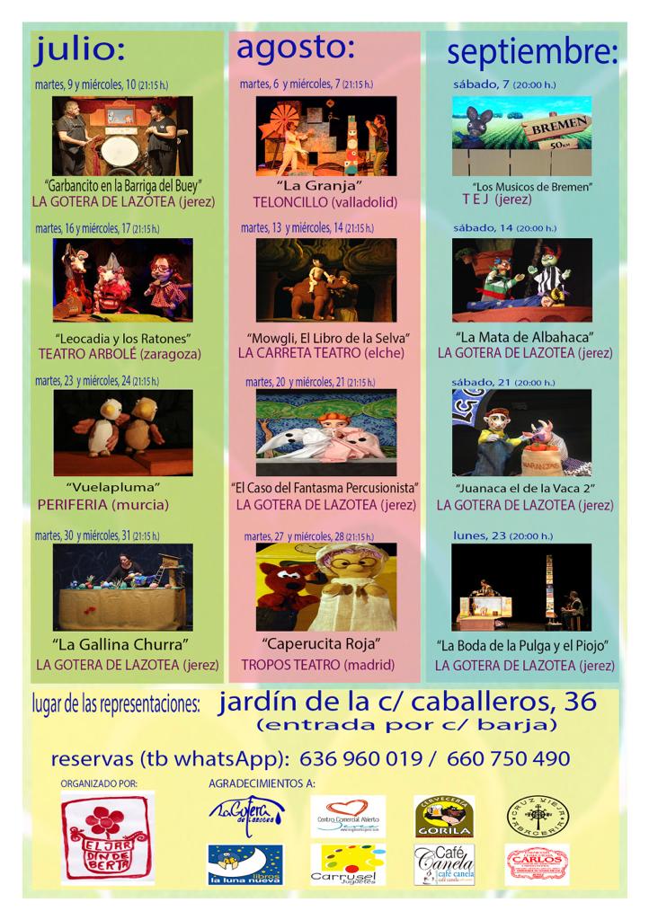 Schedule of Títeres en verano - Summer Puppet Shows in Jerez de la Frontera, Spain.

Weekly puppet show schedule from various performers from all over Spain with pictures and points of contacts.

www.FreeElectrons.Family