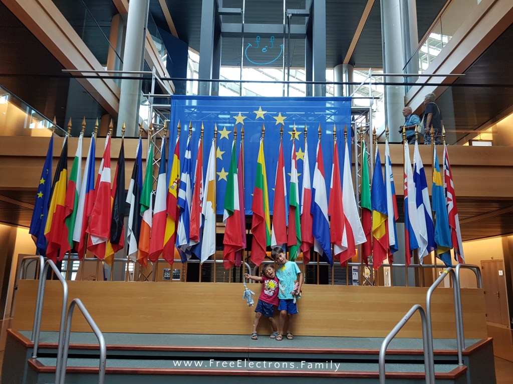 Two young children pose on stage with all the flags of the European Union in the background.

Text on photo reads www.FreeElectrons.Family