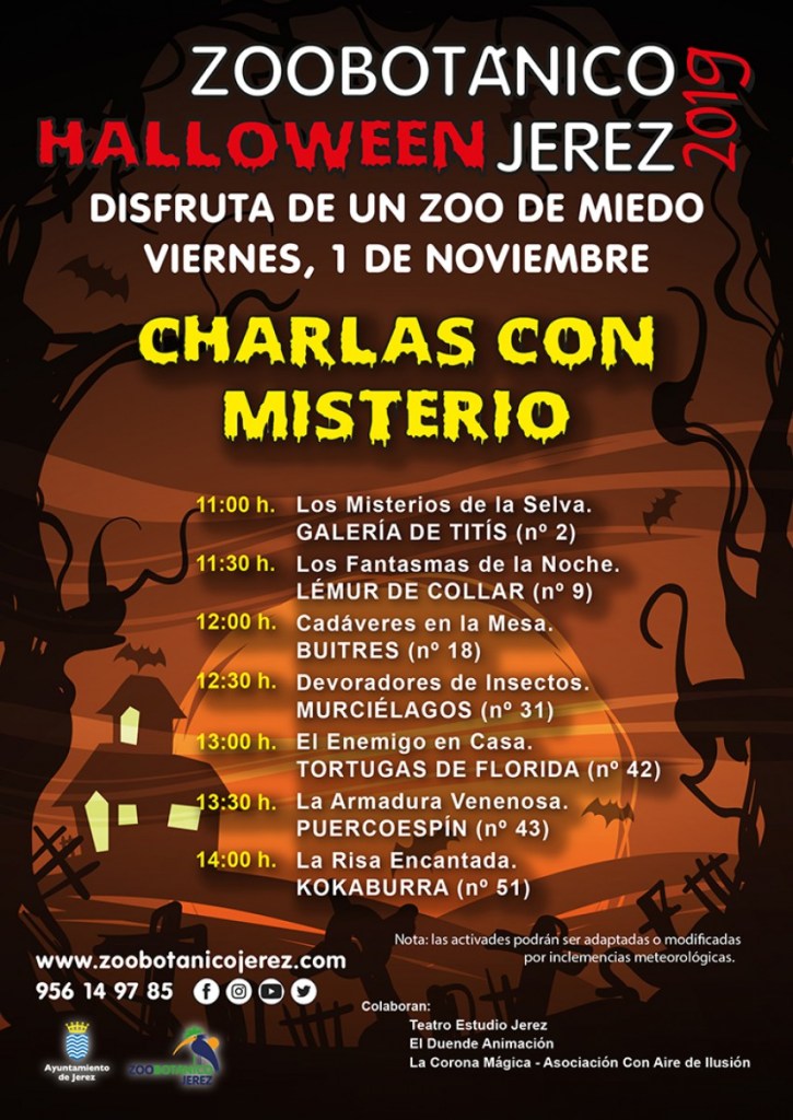 Poster of Happy Halloween schedule of Mystery Talks at the  ZOOBotanico Jerez.

www.FreeElectrons.Family