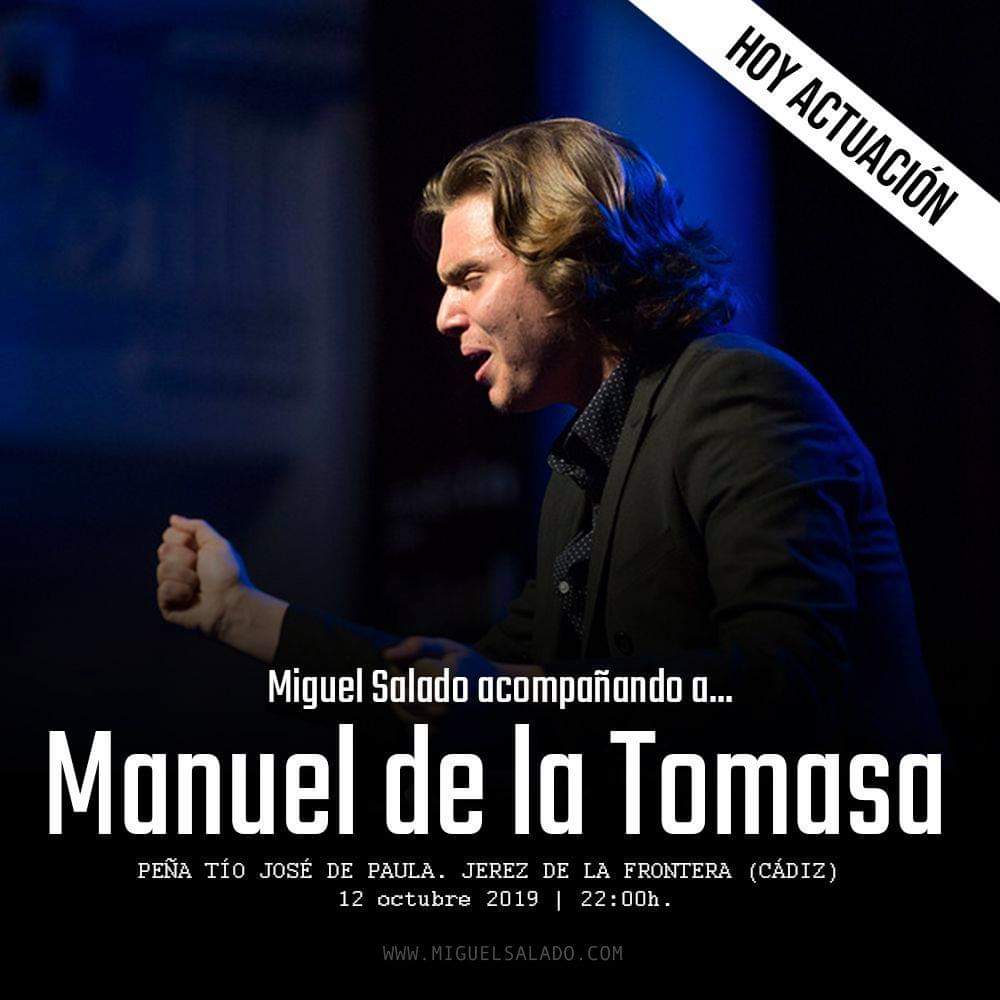 A flamenco singer with eyes closed and fingers turned into a fist.  A poster of Manuel de la Tomasa for a concert at Peña Tio Jose de Paula, Jerez de la Frontera.