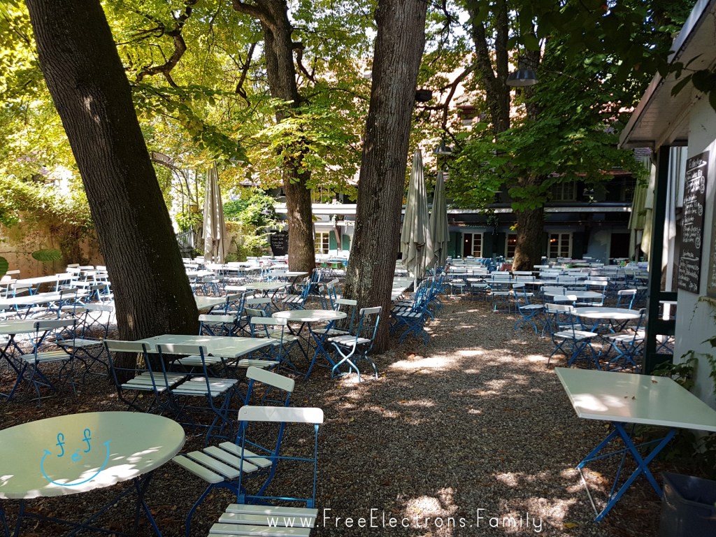 A big outdoor restaurant under shadeful trees.

Text reads: www.FreeElectrons.Family