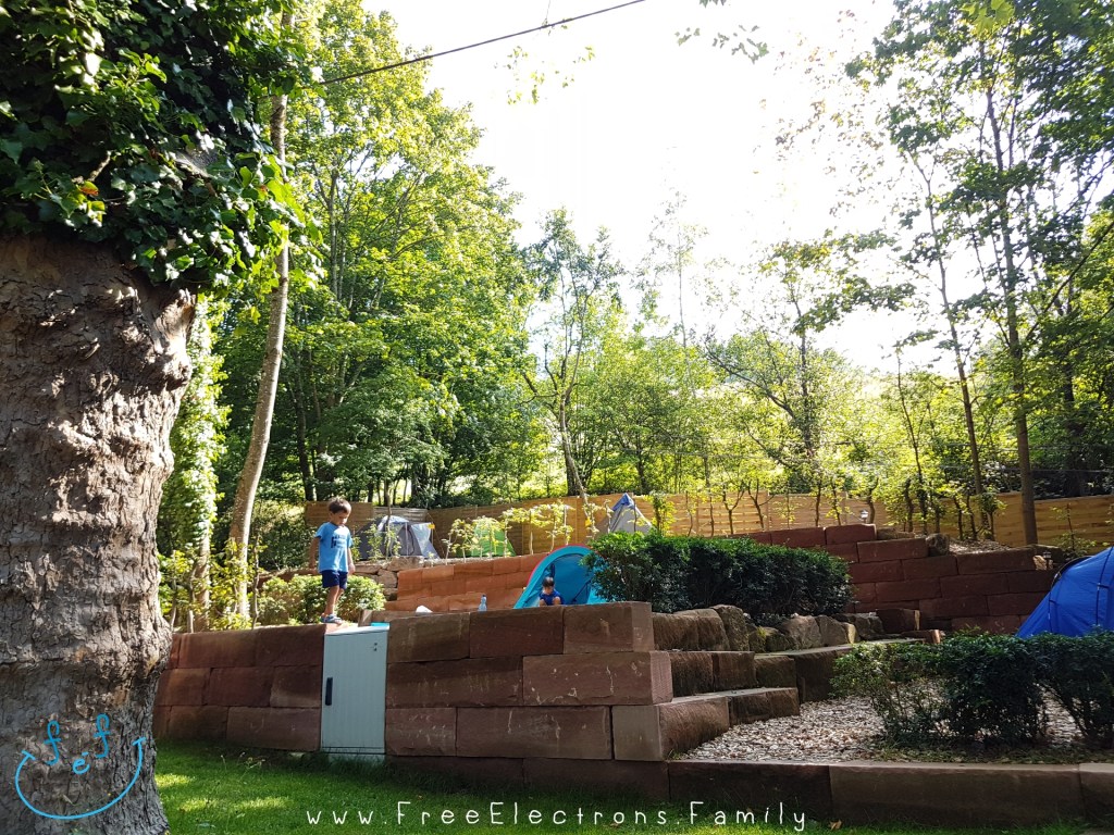 Raised camping plots with 2 young children; trees in the background.

Text reads: www.FreeElectrons.Family