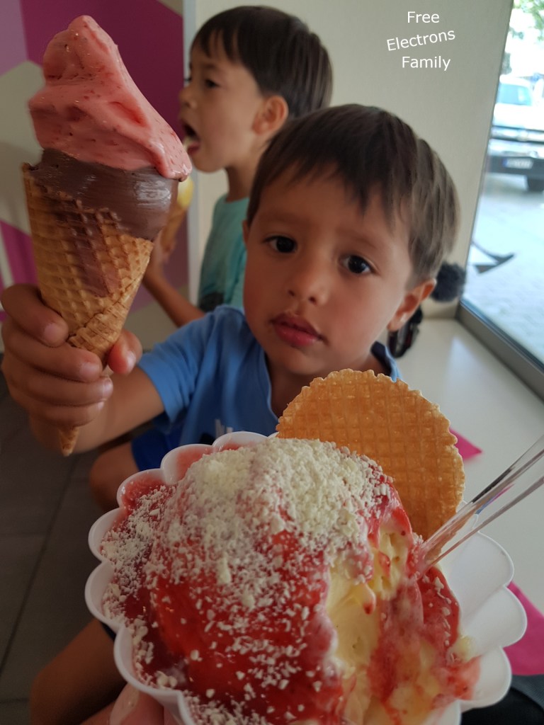 Two young kids. . . and ice cream.  Need I say more?

Text in the background reads: 
Free Electrons Family