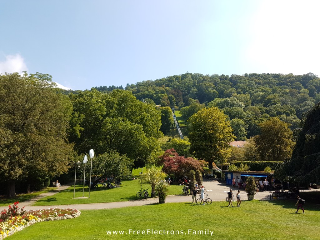 Verdant Schlossberg hill and park on a beautiful, blue-sky, day in Freiburg,, Germany  

www.FreeElectrons.Family