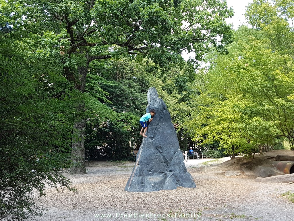 A young boy climbing rock among the trees in a wild park on a beautiful day in Freiburg,, Germany  

www.FreeElectrons.Family