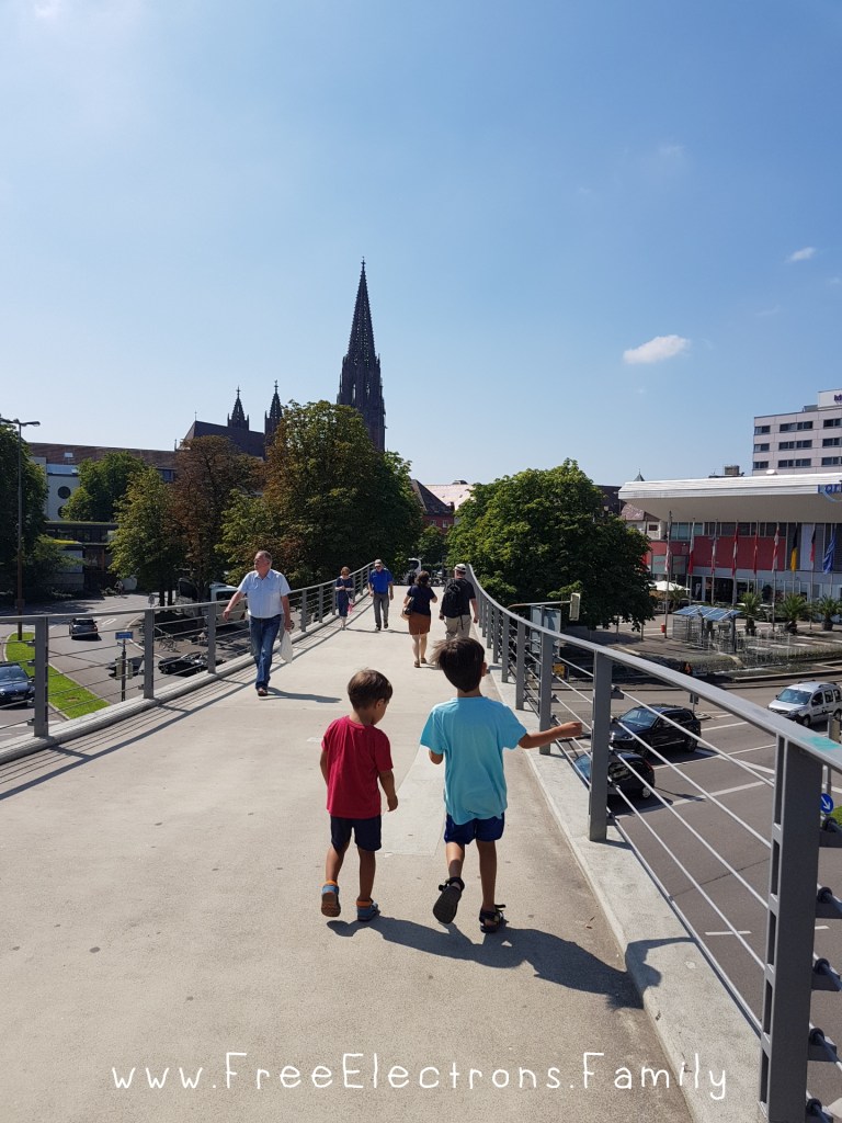 Two young kids, back-turned, walking towards a cathedral on an overpass walkway.

Text reads:
 www.FreeElectrons.Family
