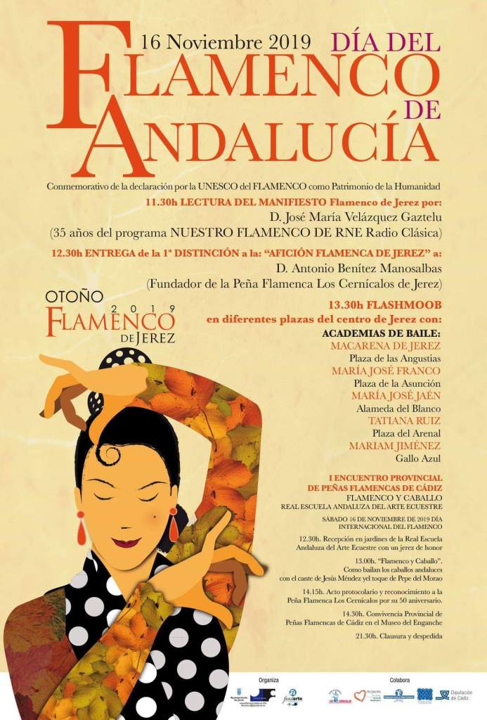 Schedule of Flamenco shows on November 16--the International Day of Flemenco of Andalucia--in Jerez de la Frontera, Cadiz.