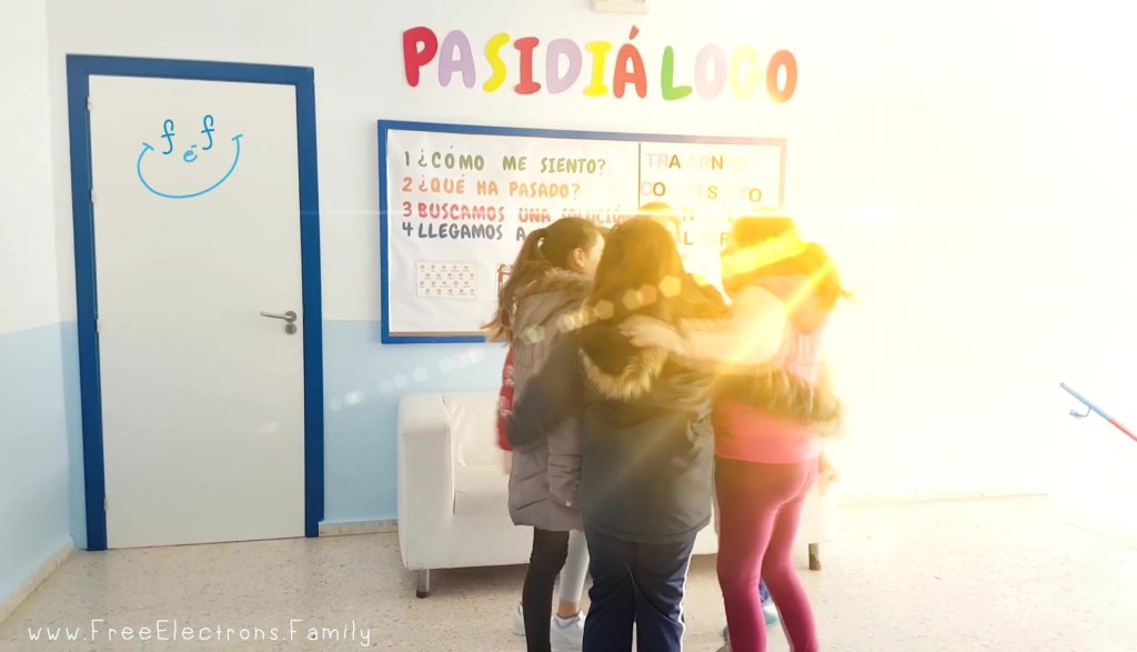 Children in a circle with arms around each other.  a sunray obscures their faces.  A sign reads, "Pasidialogo!"
www.FreeElectrons.Family