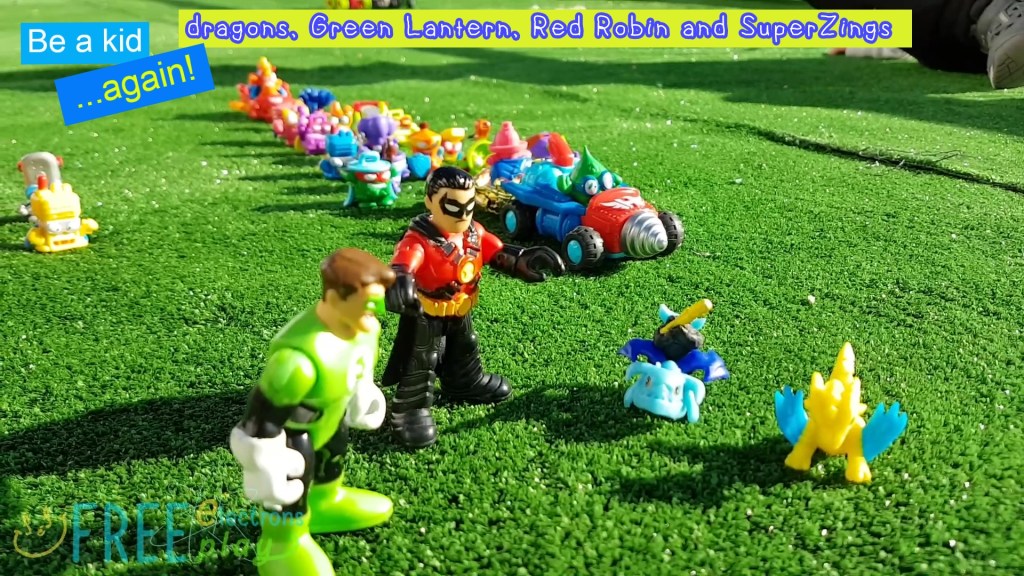 SuperZings with Imaginext and little dragons.  Text reads, "Be a kid. . . again!."-Free Electrons Family