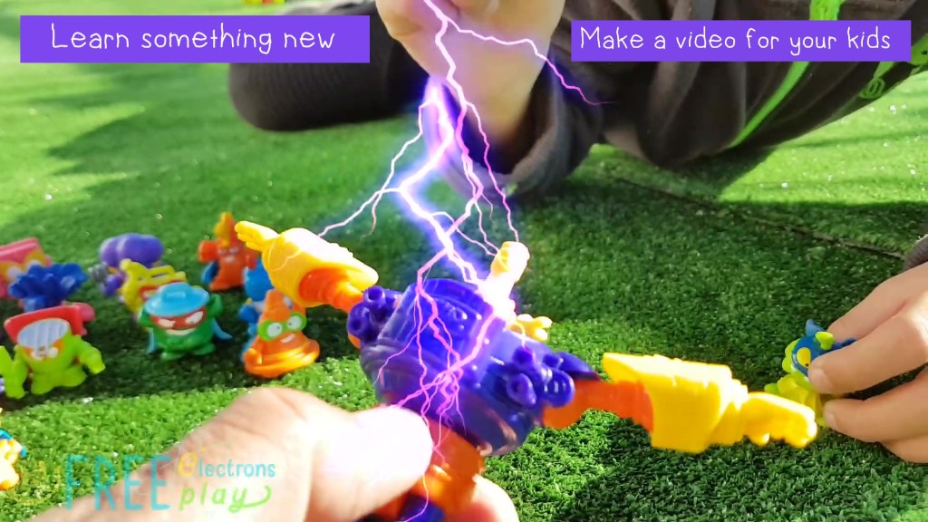 SuperZings toys with special lightning effects.  Text reads, "Learn something new. Make a video for your kids."-Free Electrons Family