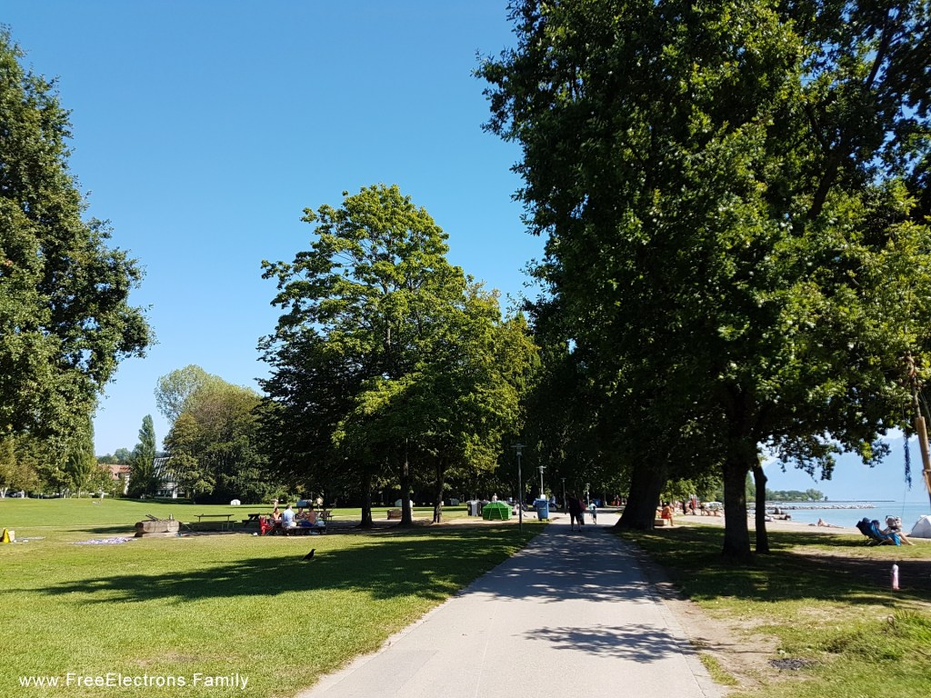 Wide open green space, shadeful trees and a paved road at Louis Bourget Park on Lake Geneva, Lausanne, Switzerland.

www.FreeElectrons.Family