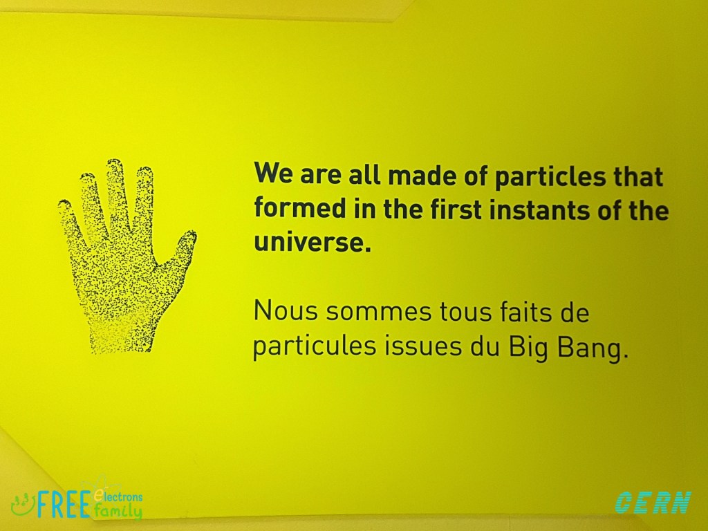 A drawing of an open hand; text reads (in both English and French) "We are all made of particles that formed in the first instants of the universe".
#FreeElectrons.Family
