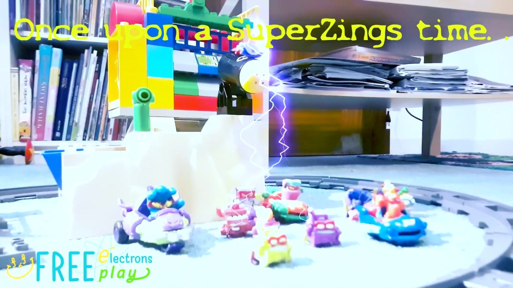SuperZings toys with special flash effects. Text reads: Once upon a SuperZings time...
-Free Electrons FreePlay