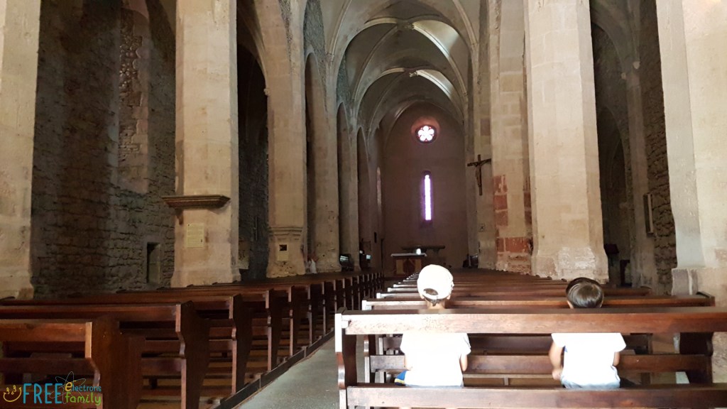 Two young boys, sitting in the foreground and looking away, backs turned and looking towards a spartan altar of an old church with stone columns and wooden benches..

www.FreeElectrons.Family