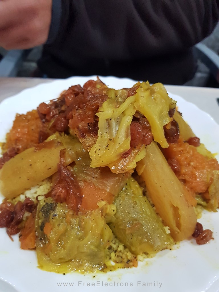 Closeup of a Moroccan vegetable couscous dish.