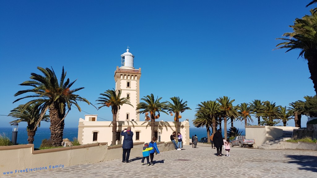 People heading towards the lighthouse surrounded by palm trees under clear blue sky.